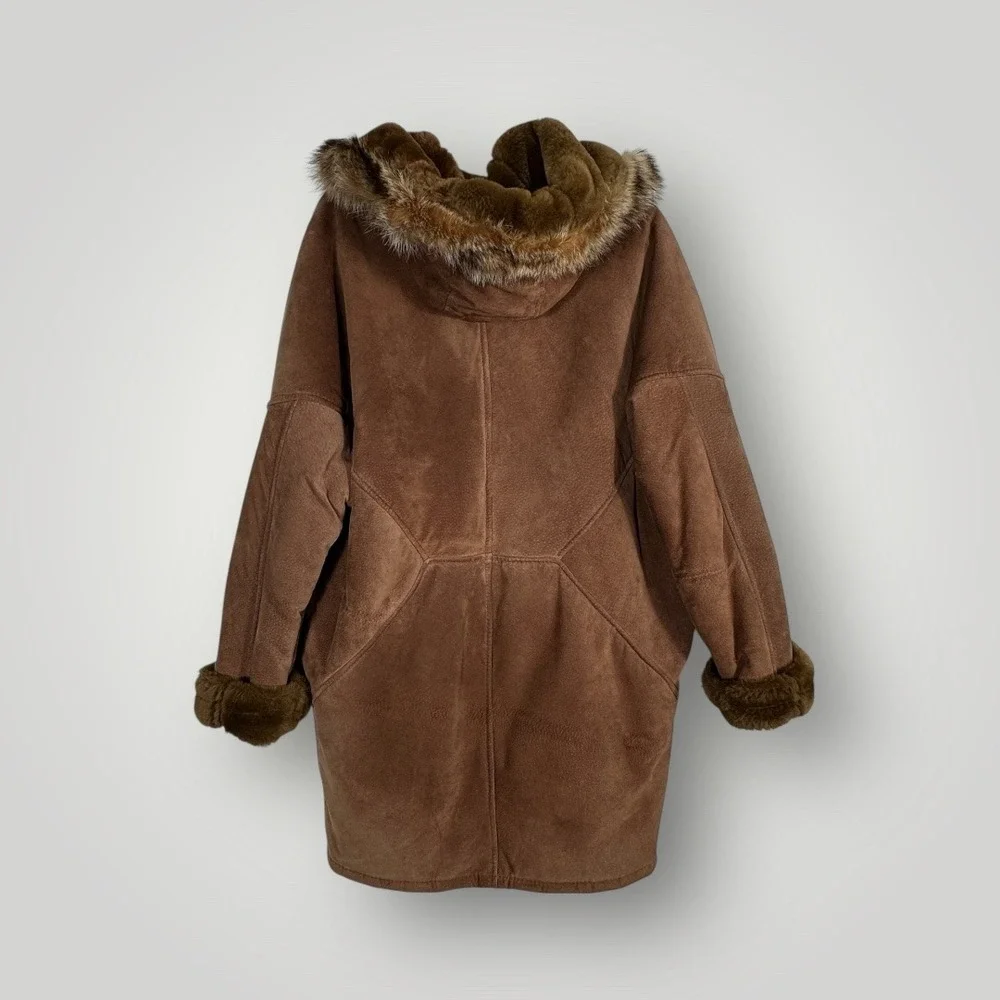 Marvin Richards Genuine Leather Suede Fur Trimmed Hooded Winter Coat Medium - Picture 3 of 8